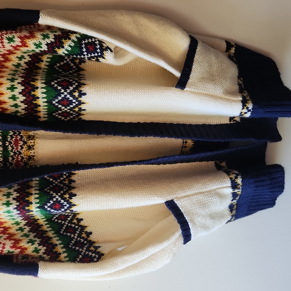 American Eagle Fair Isle Cardigan Chunky Knit Cream Navy Pockets, Size Xxl - Picture 4 of 12